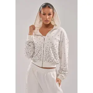 ALL IN WHITE RHINESTONE ZIP UP SWEATSHIRT