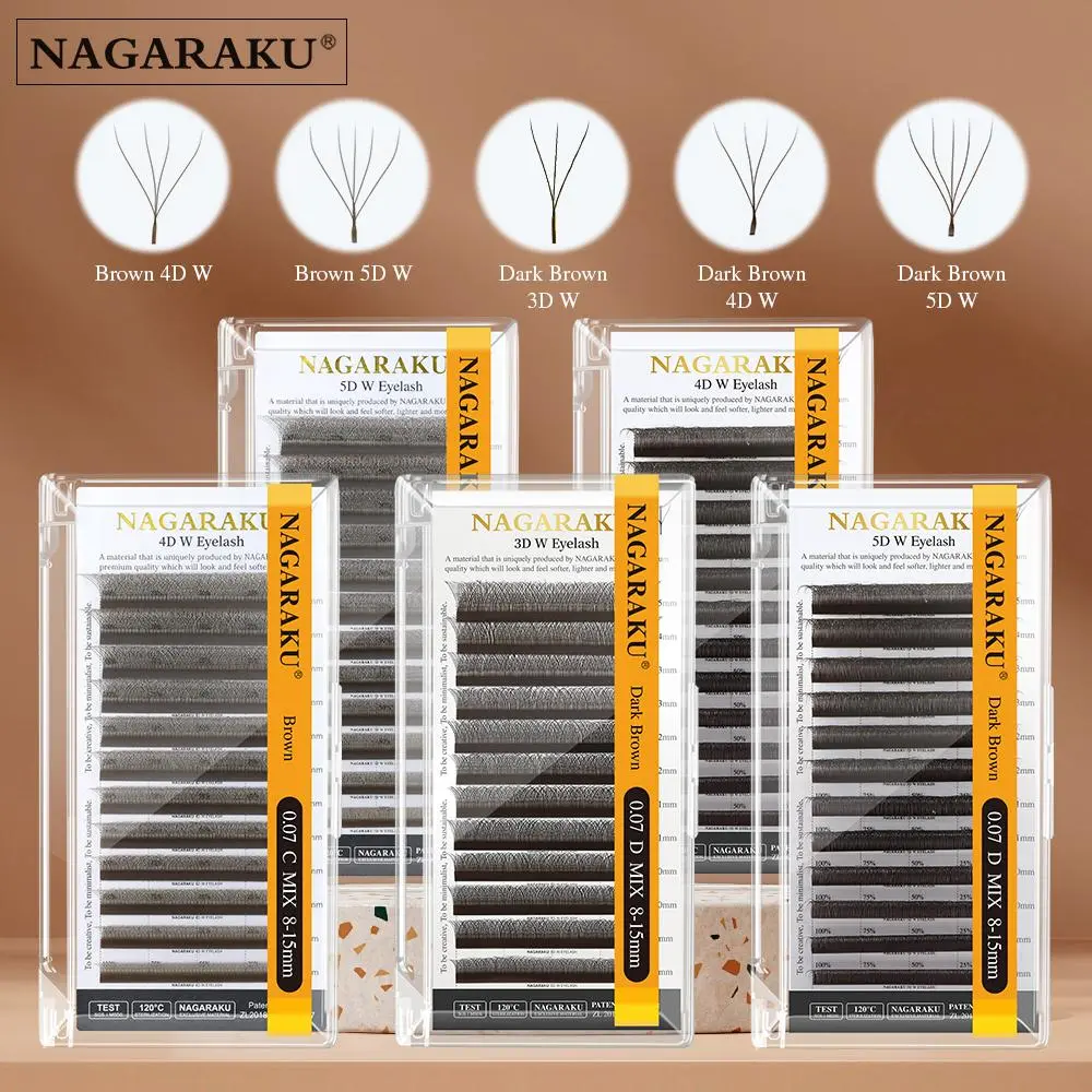 NAGARAKU Brown Dark Brown 3D/4D/5D W Shape Hand Waved Premade Fans Eyelash Extensions Full Lashes Natural Soft Light Matte Dense 2026 New