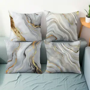 Set of 4 Gray And Golden Marble Pattern Single-Sided Printed Cushion Covers - Peach Skin Velvet Cushion Covers 17.72*17.72inch Home Textile