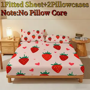 Valentine's Day Digital Printed Bed Sheet Set, King and Queen Size, Soft and Comfortable Bed Head Cover, Strawberry Pattern, Romantic Valentine's Day Gift, Suitable for Bedroom and Guest Room Comfortable Bedding (1 Bed Sheet + 2 Pillowcases)