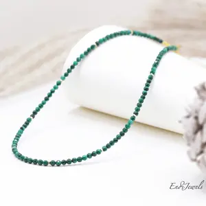 Natural 3mm Malachite Faceted Beaded Choker, Genuine Green Gemstone Beads, Daily Dainty Necklace, Summer Choker, Gift for Her, Adjustable Length