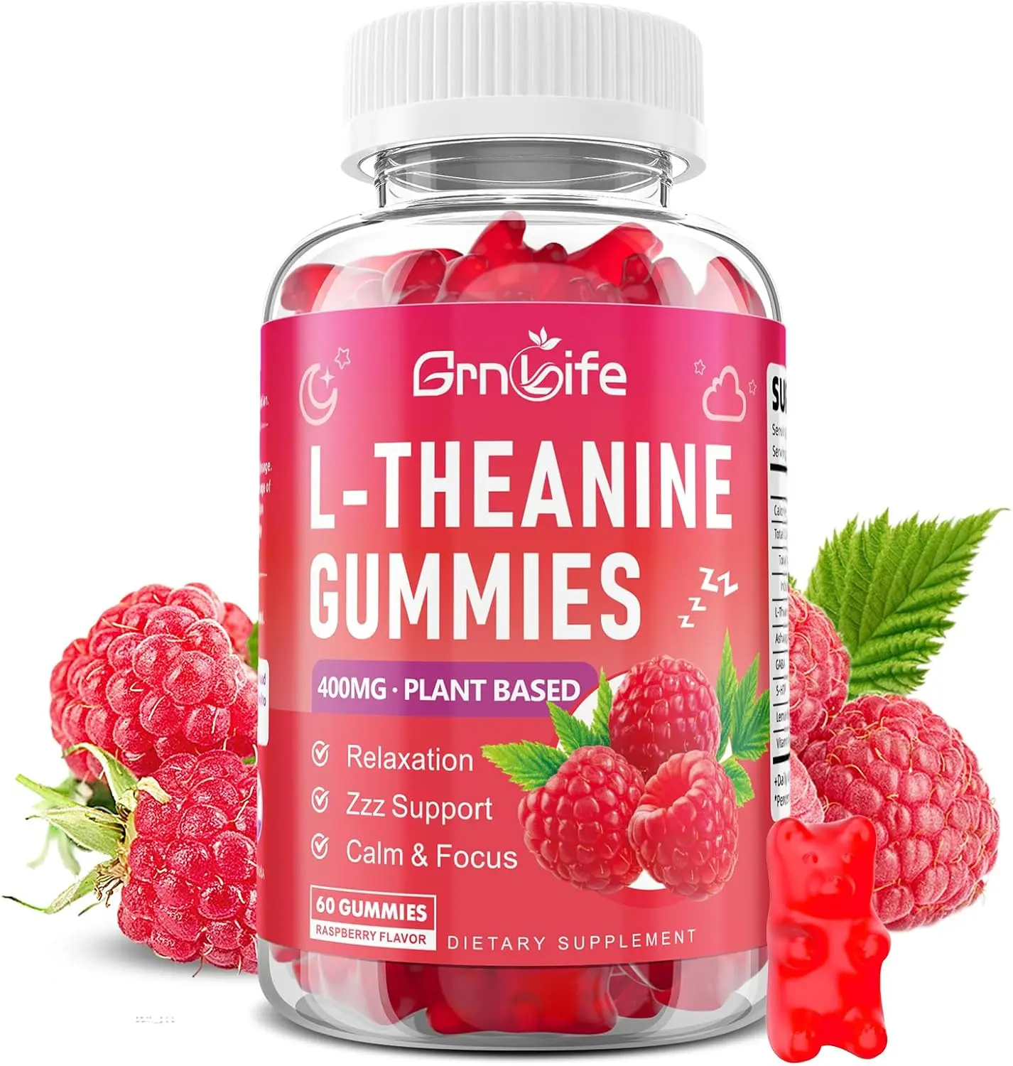 LTheanine Gummies for Kids and Adults L Theanine 400mg with Ashwagandha GABA 5HTP L Theanine Supplement for Calm Zzz and Relaxation Support Raspberry Flavor Stress Relief Mood Boost Sleep Better Wellness Chew