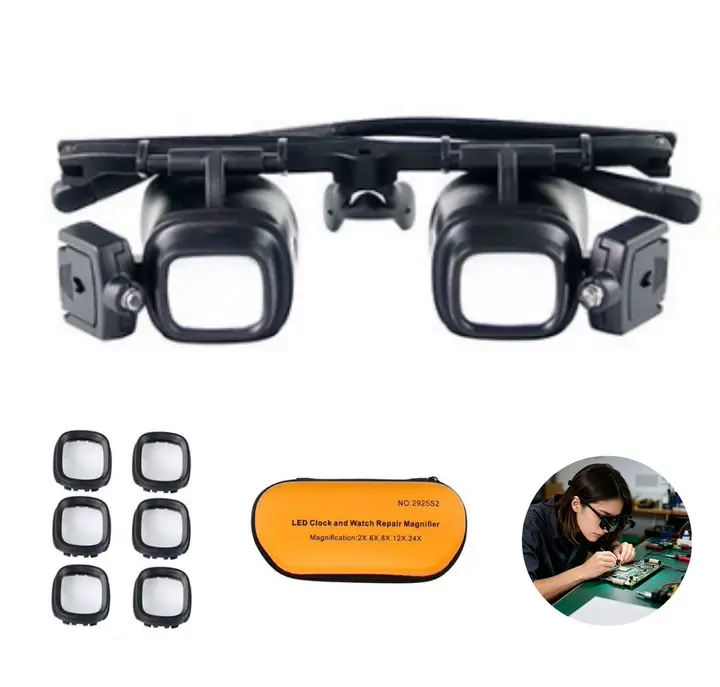 Head-Mounted Magnifying Glasses with 2 LED Lights, 2x-24x Acrylic Lenses, Portable Frame Magnifier with Case, Enhanced Visibility for Smartphone Maintenance, Soldering, Electronic Detailed Work, Indoor Recreation, Unisex Gadget