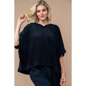 Heathered Solid Knit Hoodie Top with Side Pockets - Mixed