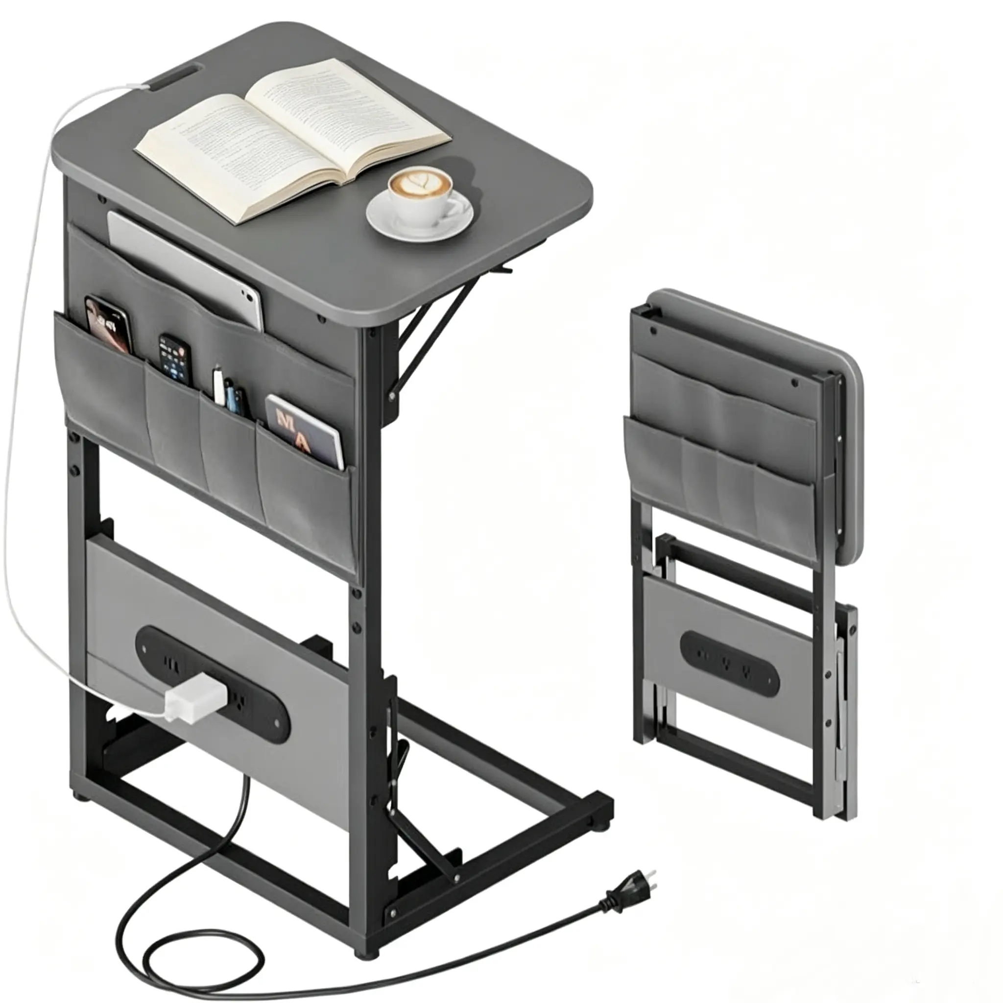 C-Shaped End Table with Charging Station & Storage Bag, Foldable Side Desk with 2 USB Ports & Outlets,  Small Computer Workstation for Couch, Bedroom & Small Spaces familyfun