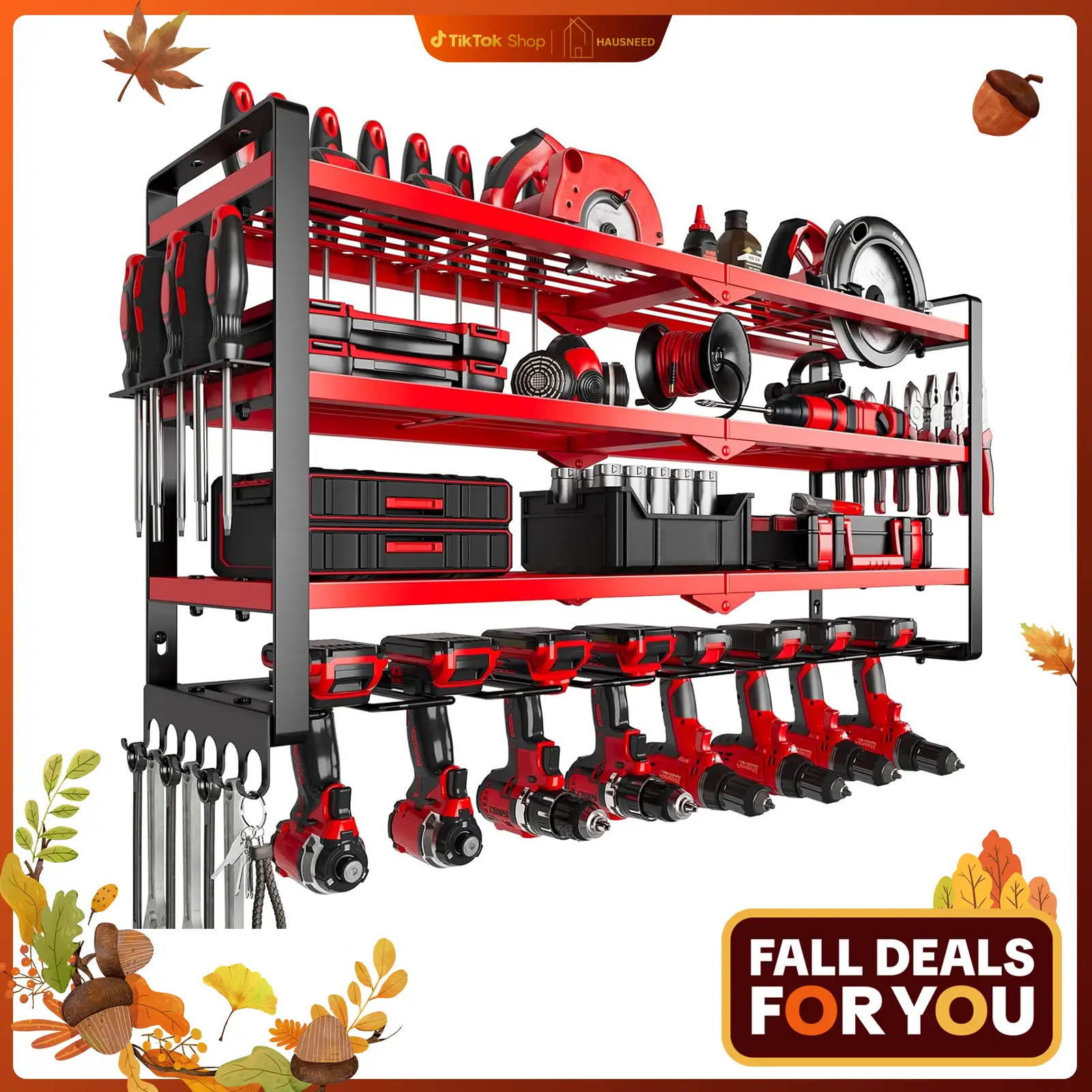 Hausneed-008 Heavy Duty Power Tool Organizer Wall Mount Garage Storage 4 Layer Cordless Tool Organizer with 8 Drill Holder 32" Wide for Workshop & Gar