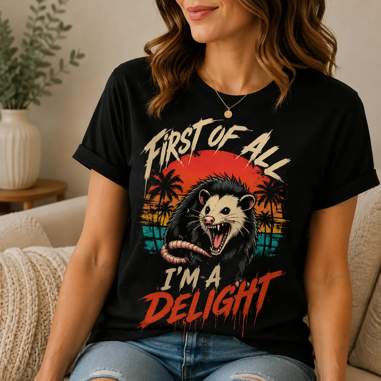 First Of All I'm A Delight Opossum Design Women's Graphic Tee Casual Fashion Cotton T-Shirt Relaxed Fit Crew Neck Short Sleeve Vintage Style T-Shirt For Everyday Wear rachel new outfit