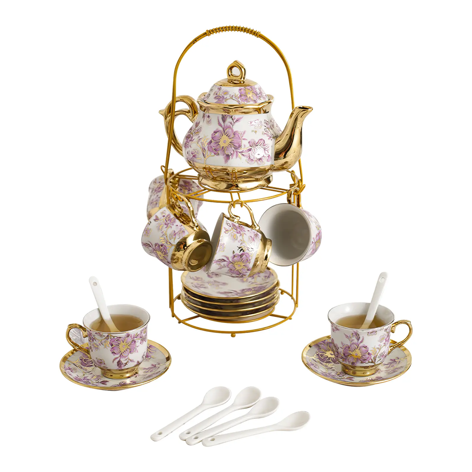 Elegant 20 Pack Purple Pattern Ceramic Tea Set with Gold Shelf, Perfect for Women's Tea Party - Includes 6 Plates & 6 Spoons, Ideal Coffee Cup Set for Restaurants, Hotels, and Dinner Gatherings Classic Porcelain, Tea Pot Tea Pot Set Matcha Tea Set