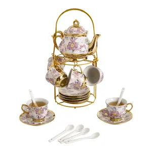 Elegant 20 Pack Purple Pattern Ceramic Tea Set with Gold Shelf, Perfect for Women's Tea Party - Includes 6 Plates & 6 Spoons, Ideal Coffee Cup Set for Restaurants, Hotels, and Dinner Gatherings Classic Porcelain