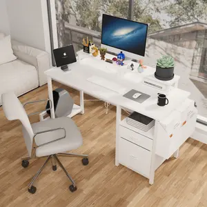 47.3"Office Desk with Power Outlet,2 Monitor Stands,2 Drawers,Side Pocket,Easy to Assemble,Frame Stability Reversible,use for Home Desk, Computer Desk, Game Table,White