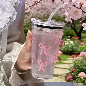 Cute Bow Reusable Plastic Tea Cup with Lid, Includes Straw Bottle, Suitable for Men & Women, Office & School, Birthday Party, Clear Water Tumblers, Water Bottles