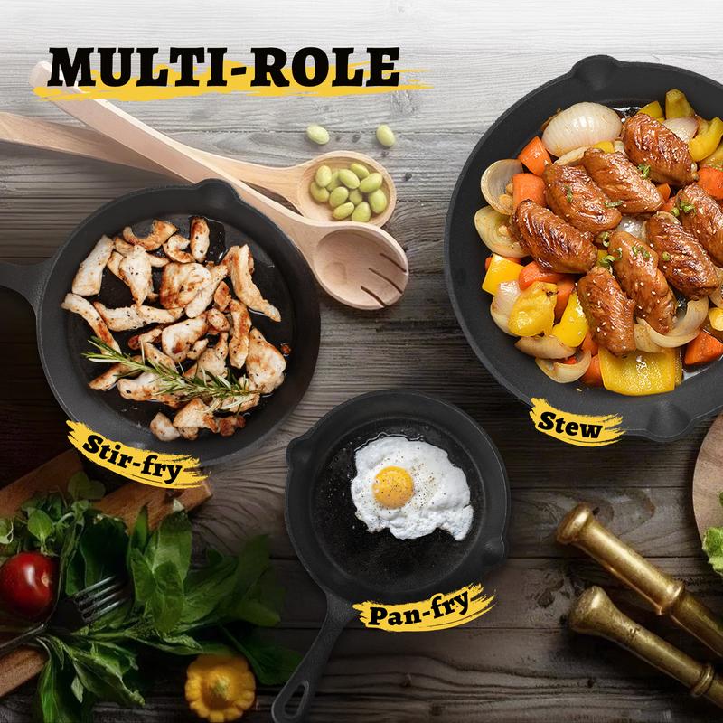 3pcs Cast Iron Cookware Set Heavy Duty Non Stick Pan Multi Functional Frying Pan Skillet And Baking Dish Suitable For Kitchen Outdoor Use Perfect For Cooking Steak Chicken