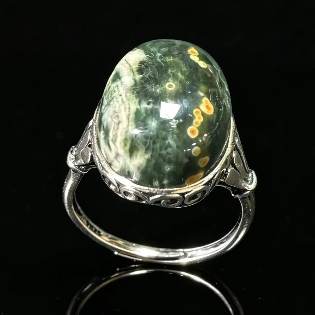 Natural Ocean Jasper 925 Silver Adjustable Ring | Vintage Statement