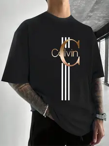 Men's Calvin C Letter Print Street Style Short Sleeve T-Shirt, Loose Fit Comfortable Casual Top, Perfect for Daily Wear & Leisure Activities