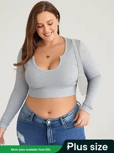 [Plus Size] Solid Color Basic Crop Tee, Casual Long Sleeve T-shirt for Daily Wear, Women's Clothing for All Seasons, Top