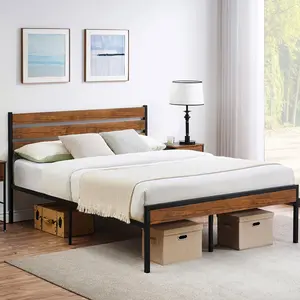 Rustic Brown Queen Size Bed Frame with 3-Panel Wood Headboard, 12in Underbed Clearance, Metal Platform & Wooden Slats, Noise Free, No Box Spring, Easy Assembly