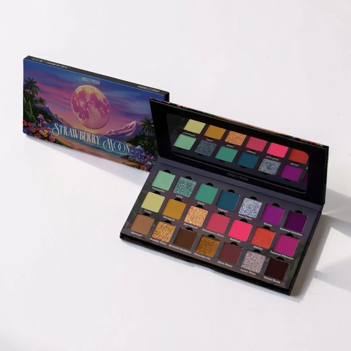 Strawberry Moon 21-Pan Pressed Pigment & Eyeshadow Palette, Colorful Matte Makeup, Pink Purple Shimmer Glossy Iridescent