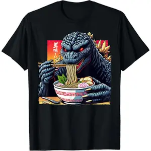 Retro Kaiju Godzilla Ramen Lover T-Shirt - Japanese "Delicious!" Themed Graphic Streetwear Tee