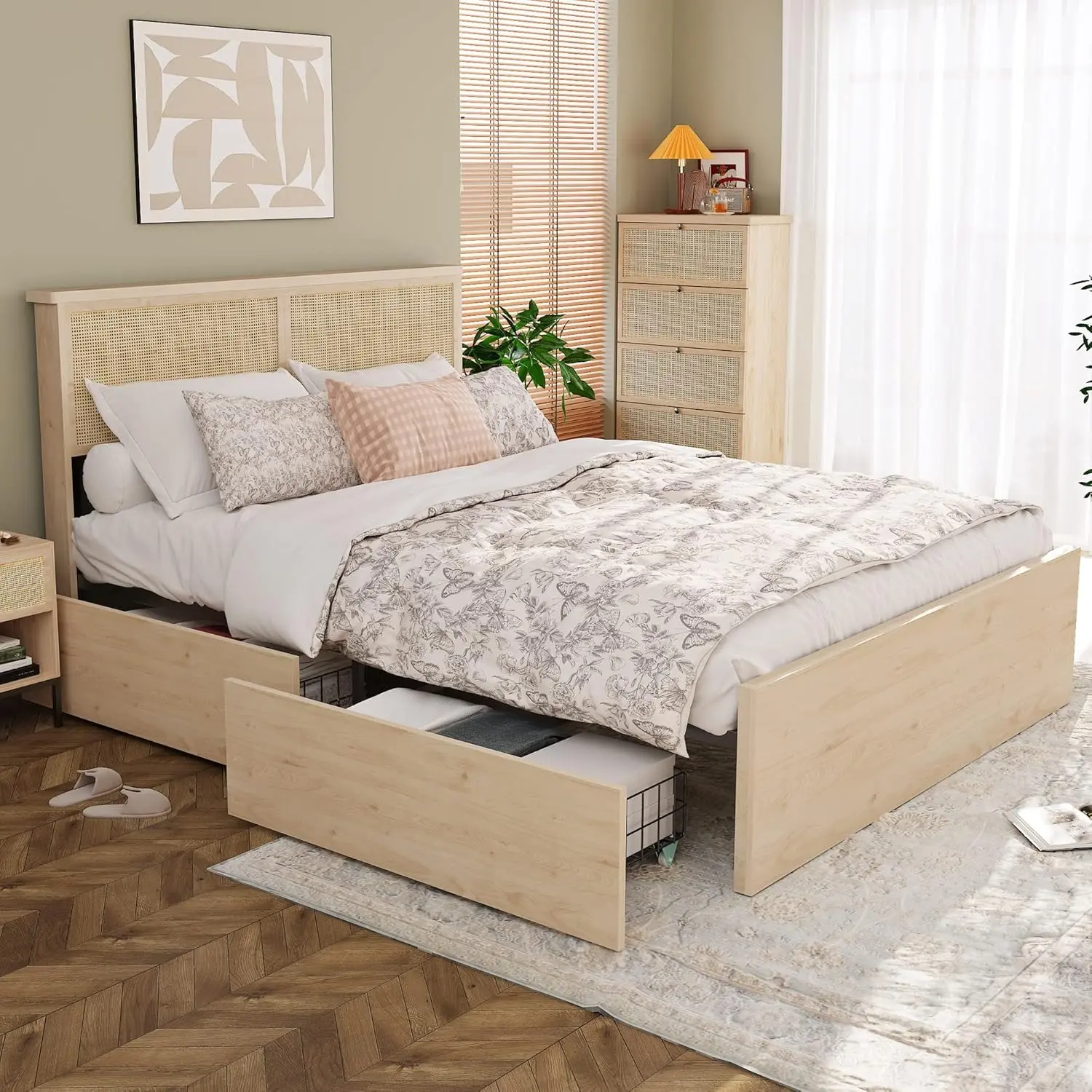 Yechen Bed Frame with Natural Rattan Headboard and 4 Storage Drawers, Metal Platform with Strong Wooden Slats Support, Boho Cane Bed, No Box Spring Needed (Full, Queen, King)
