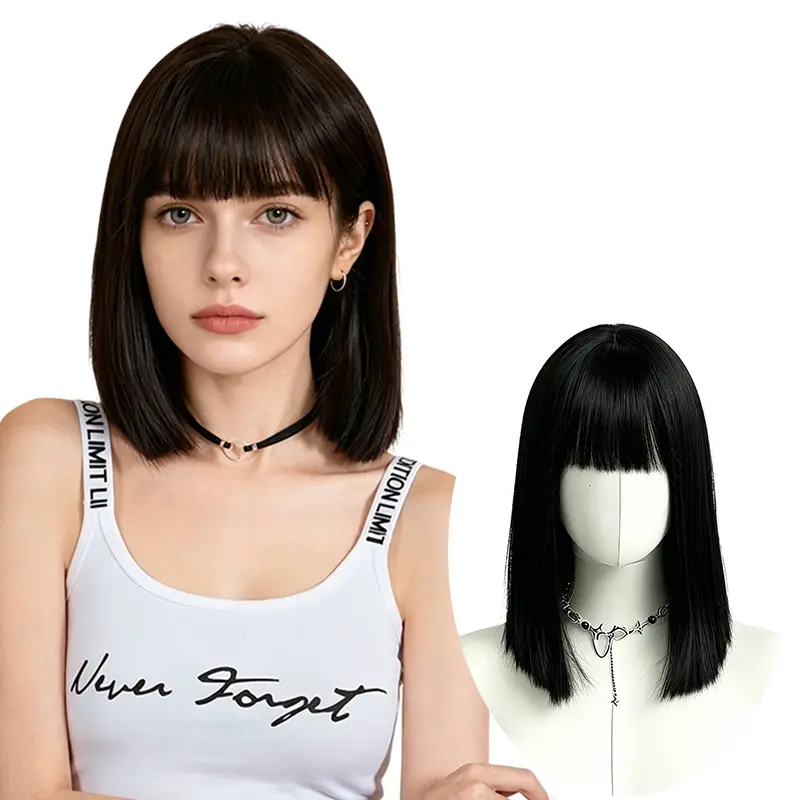 Lotfon Women's 11-Inch Short Bob Wig, Straight Synthetic Hair with Simulated Scalp, Non-Adhesive for Casual Daily Wear, Glueless Wigs, Natural Straight, Stylish Short Straight Hair
