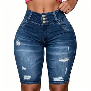 Women’s summer slim-fit denim shorts with practical pockets and a distinctive distressed cut—ideal for everyday casual outings.