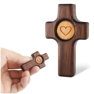 Pocket Handmade Wooden Cross Fidget - Natural Wood Grain & Heart- Relieve Anxiety Comfort for Clutching, for Wall Art, Shelf Display, or Tabletop Decor, Inspirational Easter Gift for Christian Faith, Baptism, Prayer