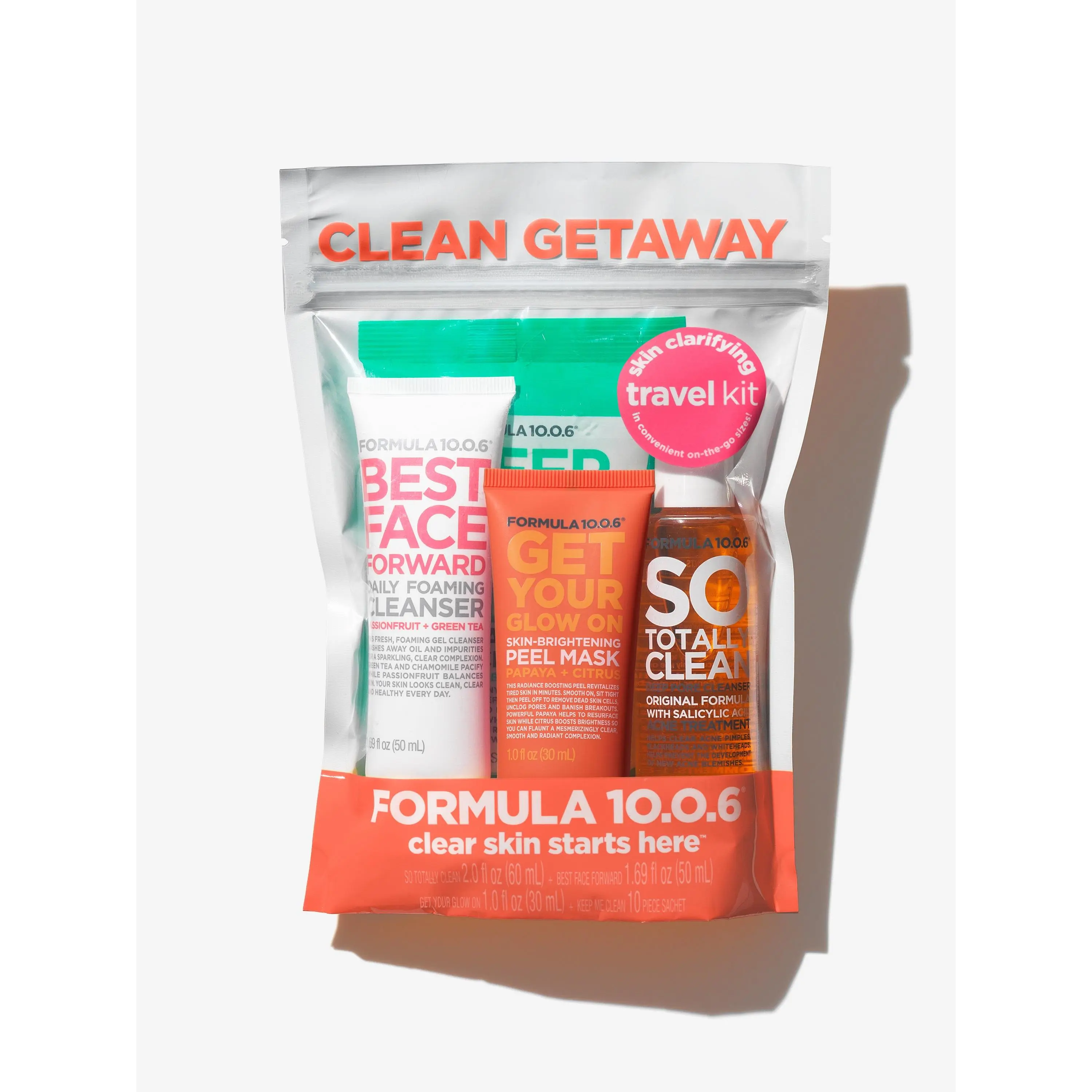 FORMULA 10.0.6 Clean Getaway Skin Clarifying Travel Kit includes Get Your Glow On Peel Mask, Best Face Forward Daily Cleanser, Keep Me Clean Facial Wipes and So Totally Clean original formula
