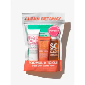 FORMULA 10.0.6 Clean Getaway Skin Clarifying Travel Kit includes Get Your Glow On Peel Mask, Best Face Forward Daily Cleanser, Keep Me Clean Facial Wipes and So Totally Clean original formula