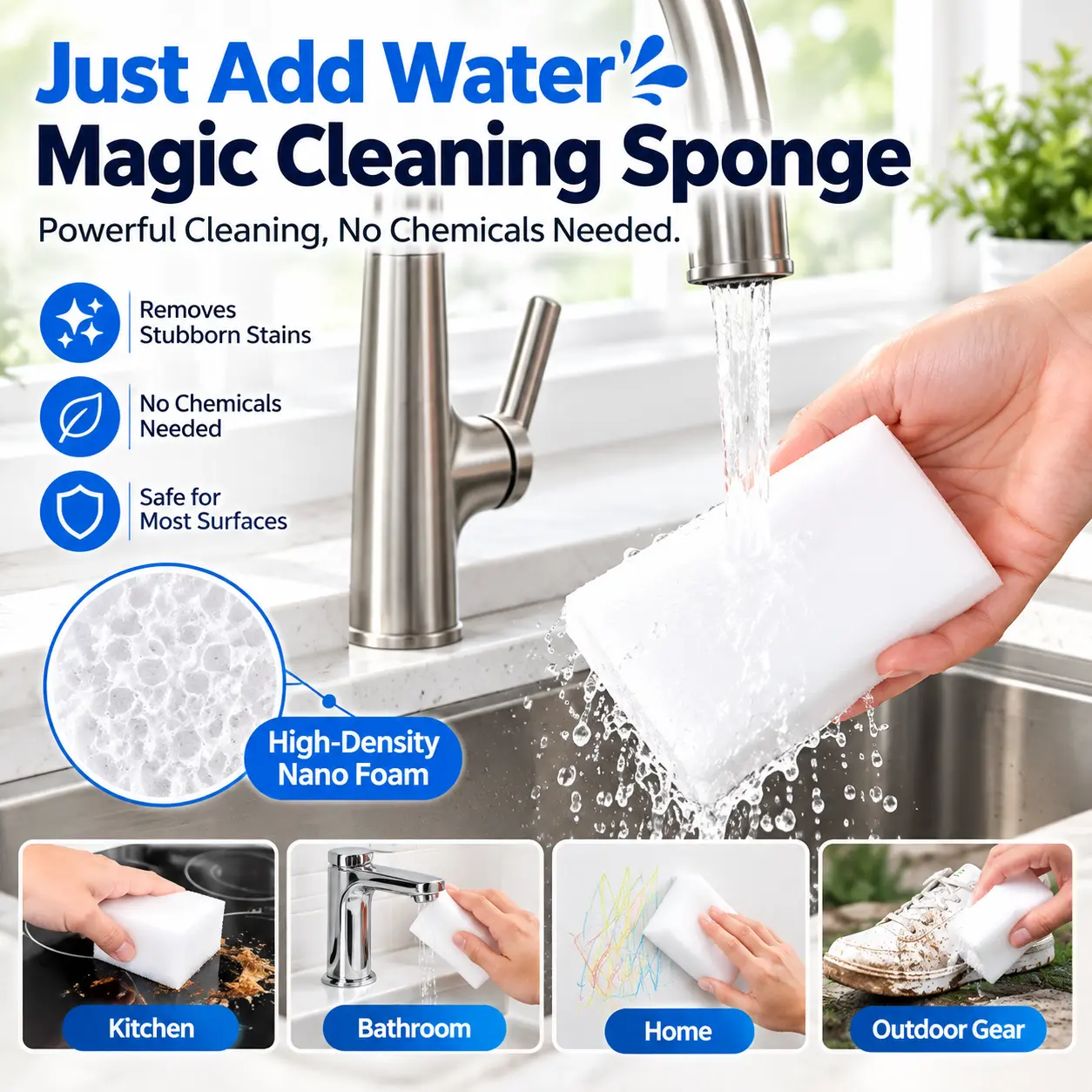 Magic Sponges Cleaning Eraser - Multi-Functional Household Sponges for Kitchen, Bathroom, Furniture Cleaning (Dish, Bathtub, Sink, Floor, Baseboard, Wall Compatible)