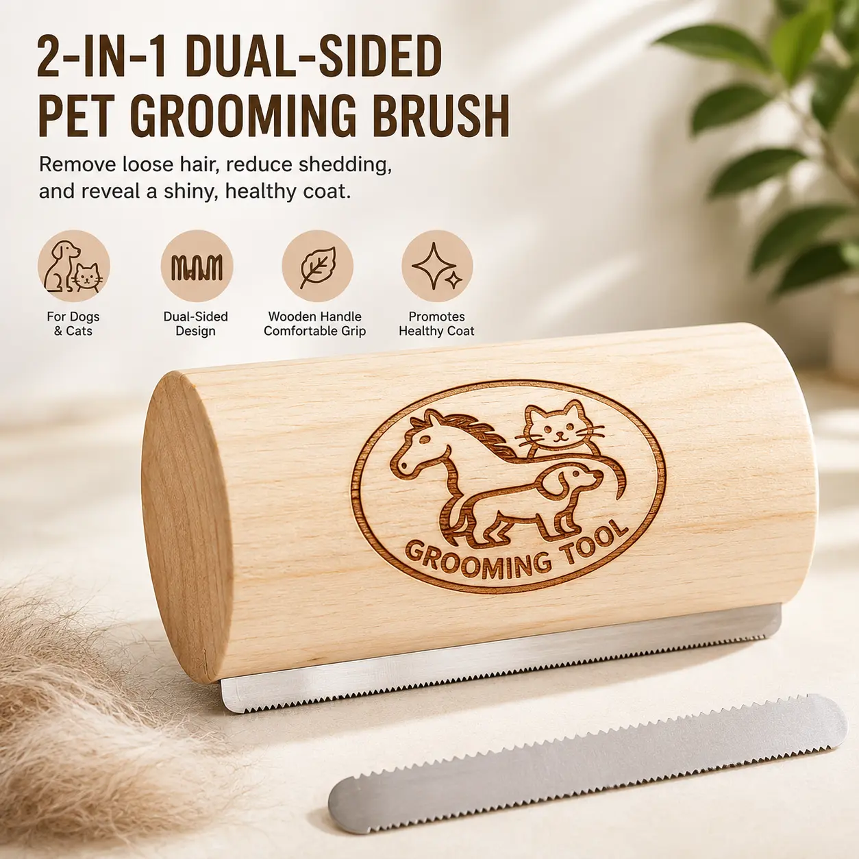 2-in-1 Dual-Sided Deshedding Grooming Brush for Dogs & Cats - Stainless Steel Blade, Wooden Handle Pet Comb, Self-Cleaning Fur Removal Tool for Short & Long Hair Pets to Achieve Shiny Coats, De-Shedding Shedding Tools, Non-Scratch Shedding Tools