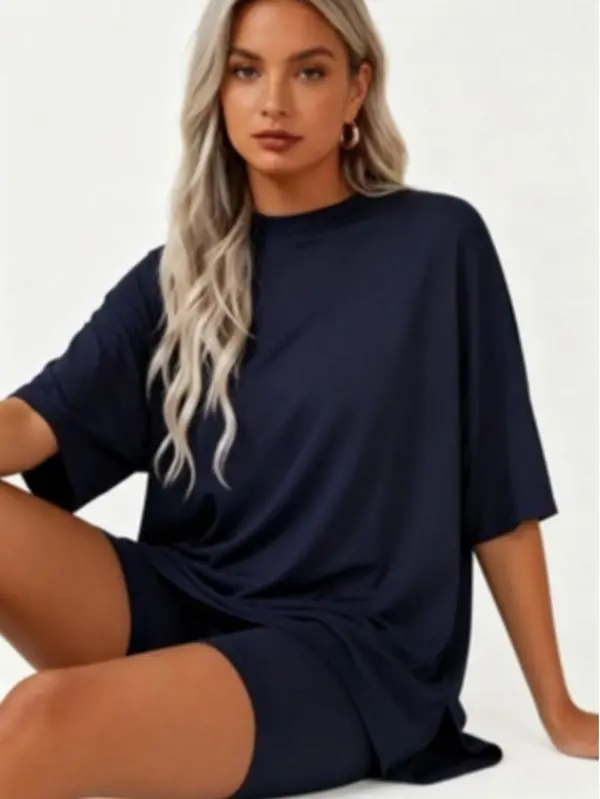 Women's Basic 2-Piece Crewneck Pajama Set - Summer Casual Oversized Split Hem Shirt, Side Pocket Biker Shorts, Minimalist Soft Viscose Loungewear, Comfortable Sleepwear