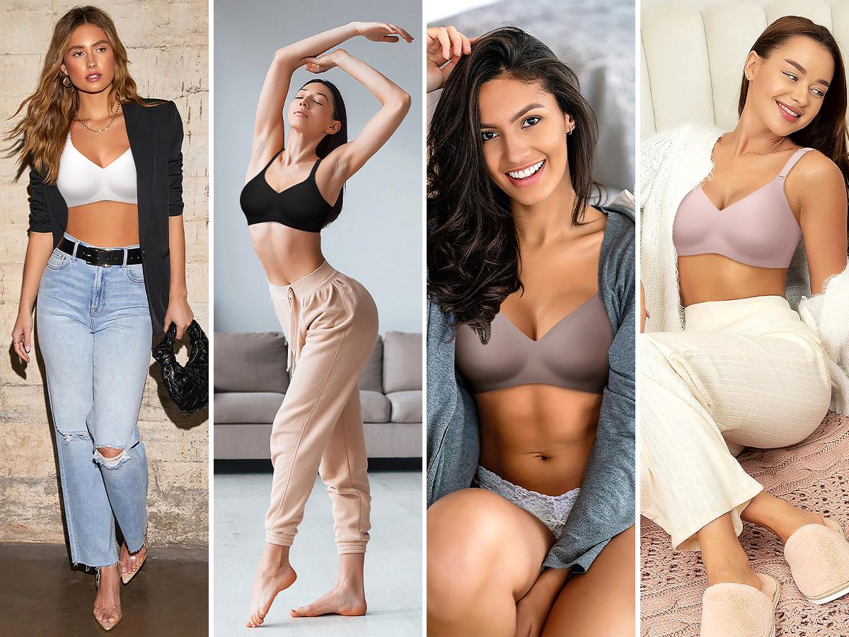 Werena Wireless Bras V-Neck Everyday Bras Seamless Full Coverage No Wire T-shirt Bras with Invisible Jelly Strip & Adjustable Straps for Women's Comfort