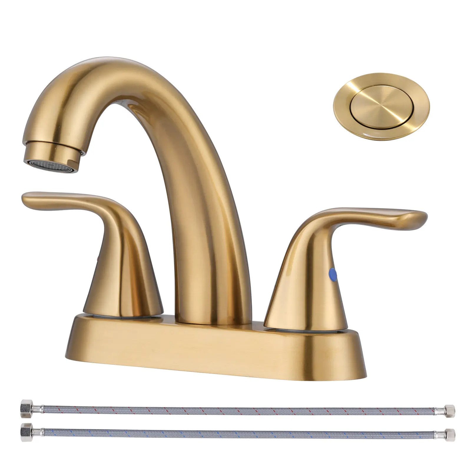 WOWOW Gold Double Handle Widespread Bath Faucets - 3-Hole Deck Mount Vanity Fixture, 5" Width, 3.8" Spout-to-Bottom, Ceramic Temp Control, Lift-Up Drain, Traditional Vintage Glam, RV Compatible, Accessories & Installation Guide Included, With Accessories
