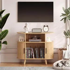 35" Large Record Player Stand, Rustic Vinyl Record Record Storage Cabinet, Player Turntable Stand with Open Shelves, Record Player Table