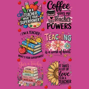 Teacher DTF Design Bundle 11 inches Ready-to-Press Transfers with Coffee Quotes Book Graphics Floral Artwork for Tees Hoodies Tote Bags and Teacher Gifts