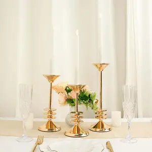 Set of 3 Gold Metal Taper Candlestick Holders 9", 11", 13" 3 Disk Pedestal - Stable Candle Stands