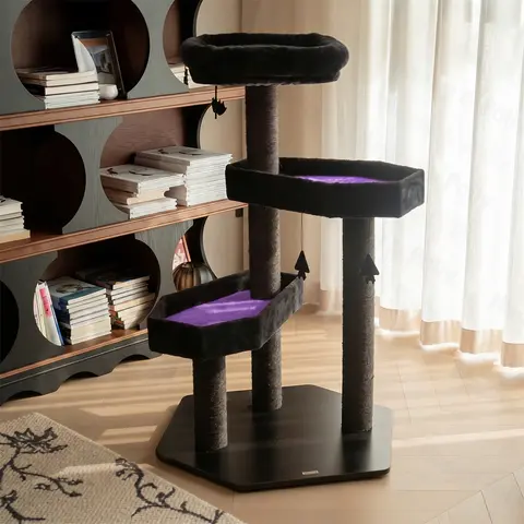 Happy & Polly 40.9in Classic Goth Halloween Vintage Art Deco Black Cat Tree - Natural Sisal Scratcher, Sisal Rope Helps Keep Nails Trimmed, Soft Flannel Coffin-Style Beds Mimic Cozy Lounges, Multi-Level Play Perch, for Cats Up to 15lb
