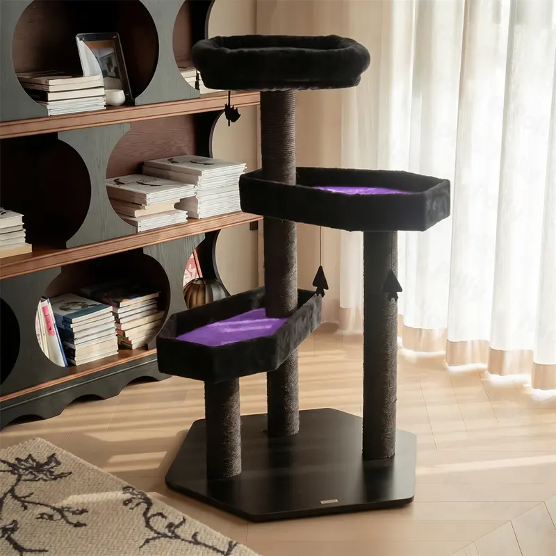 Happy & Polly 40.9in Classic Goth Halloween Vintage Art Deco Black Cat Tree - Natural Sisal Scratcher, Sisal Rope Helps Keep Nails Trimmed, Soft Flannel Coffin-Style Beds Mimic Cozy Lounges, Multi-Level Play Perch, for Cats Up to 15lb,familyfun