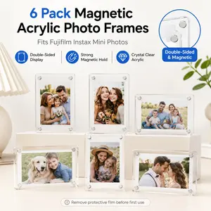 6 Pack Magnetic Acrylic Photo Frames, Clear Double Sided Refrigerator Magnet Picture Frames for Fujifilm Instax Mini Polaroid Photos, Strong Magnetic Small Card Display Holder with Cleaning Cloth for Fridge Locker Desk Home Office Decor Gifts