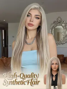 13x4 HD Lace Front Wig 30" Silver Ash Blonde to Platinum Blonde Straight Synthetic Hair Wig Heat Resistant Natural Looking Wigs Synthetic Material Wigs