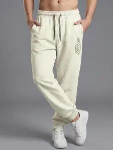 Vibe404 : Men's Cream Sweatpants Loose Fit Y2K Streetwear Joggers with Drawstring & Graphic Print
