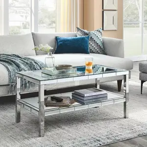Modern Mirrored Coffee Table for Living Room Luxury Cocktail Center Table, 2-Layer Crystal Mirror Stainless Steel Frame Rectangular Coffee Table