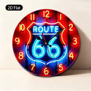 2D flat design. 1 piece set. 66 Highway Neon Wall Clock, Silent Decorative Wall Clock, Creative Wall Clock, Suitable for Bedroom, Living Room, Office Decoration, 25/30cm (excluding AA batteries), 2D Flat Version