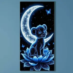 5D DIY Full Drill Round Diamond Painting - Diamond Painting Kit Baby Lion Moon Mosaic Canvas DIY Wall Art, Home Wall Decoration