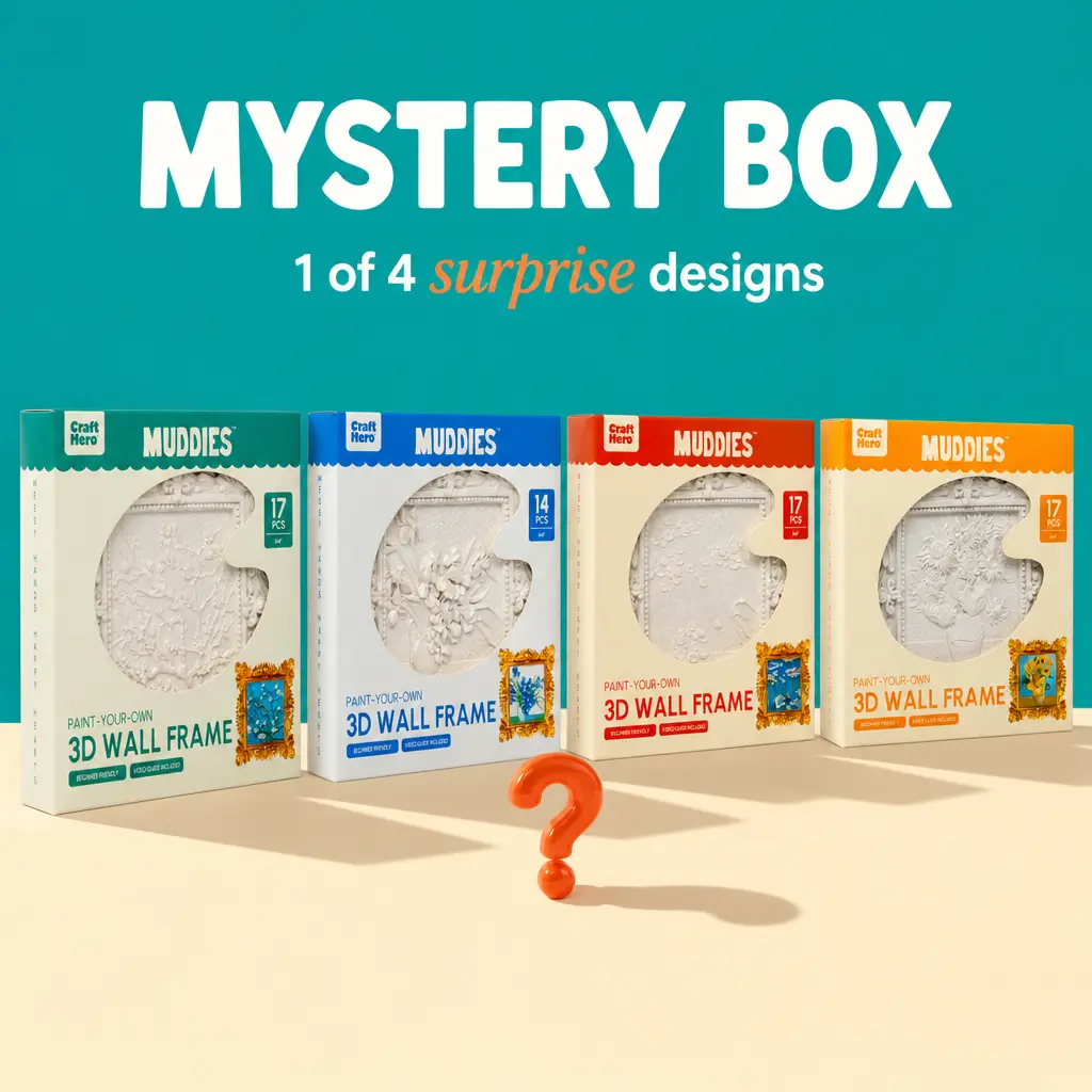 Craft Hero MUDDIES Mystery Box – Paint Your Own 3D Wall Frame Kit | 1 of 4 Surprise Famous Art Designs | DIY Painting Craft Kit with Paints, Brushes & Gold Frame | Beginner Friendly Adult Craft Gift