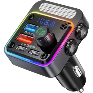 54W Bluetooth 5.3 Car Adapter with 4 Charging Ports [PD 36W  QC3.0 18W], Wireless Radio FM Transmitter with Deep Bass Player  5 Colors LED Backlit, Hands-Free Calling, Black