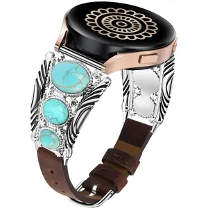 Women's Adjustable 20mm Western Turquoise Boho Vintage Leather Watch Band - Wearable Metal Steel Accessories Compatible with Samsung Galaxy Watch 7/6/5/4/FE/Active 2, 6 Classic, 5 Pro
