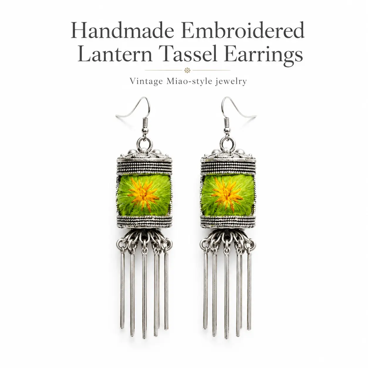 Handmade Lantern Tassel Dangle Earrings with Flat Embroidery, Handmade Textile Jewelry Gift, Artistry, Elegant, Inspirational Design, Gifts For Women