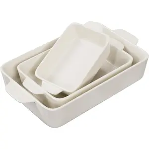Ceramic Bakeware Set, 3-Piece Rectangular Baking Dishes, Small Medium & Large Pans for Casseroles Lasagna Cake, Microwave & Dishwasher Safe, (Ivory)