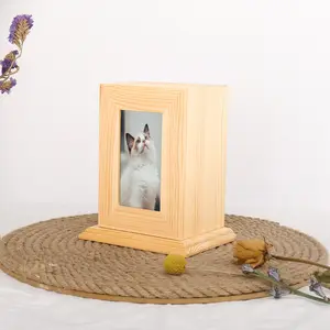Pet Memorial Urns for Dog or Cat Ashes, XLarge Pine Wooden Funeral Cremation Urns with Photo Frame, Keepsake Memory Box With Natural Wood Color
